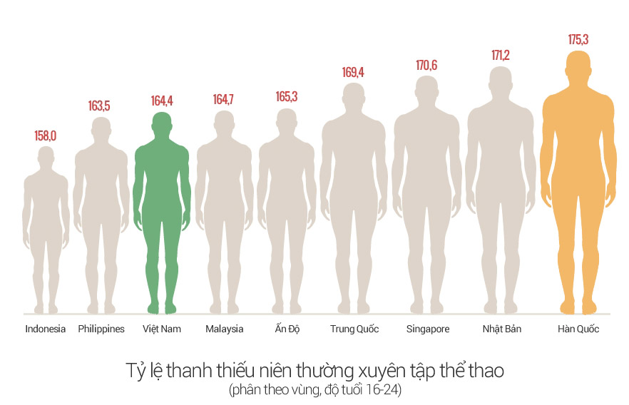 Chiều cao trung bình của người Hàn Quốc so với người Việt Nam